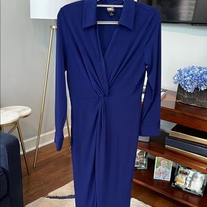 INC International Concepts Blue Sheath Dress with Notched Collar